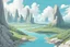 Placeholder: sunny day, mountains, clouds, rocks, river, japanese manga style, circular landscape