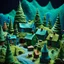 Placeholder: Detailed cozy village made of modeling clay, naïve, strong texture, TV studio 1950's shot, extreme detail, Max Ernst, Yves Tanguy, green and blue, rich moody colors, sparkles, Yves Tanguy, odd