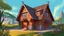 Placeholder: fantasy cartoon illustration: a new wooden house in the village in Ireland