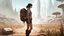 Placeholder: A slender 60-year-old woman, in brown shorts, a shirt and boots, one hand on hip, the other holding a backpack, standing in a deserted, empty, dead sci-fi city, with small clumps of strange plants and fungi