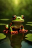 Placeholder: Create a captivating, high-resolution image of a leapfrog on a riverbank. The frog should appear almost hypnotic, with a gaze that directly engages the viewer as if it's looking into the camera. The artwork must be rendered in an 8k ultra-detailed cartoon style, showcasing vibrant colors and intricate details that bring the character to life