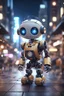 Placeholder: unreal engine render of a cute tiny robo in a busy, crowded city at night, cute eyes, volumetric lighting