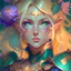 Placeholder: Portrait of beautiful blond knight woman, japanese girl, hazel eyes, green, gold, orange, teal, purple, roses, bats, intricate, elegant, highly detailed, digital painting in anime style, artstation, concept art, smooth, sharp focus, illustration