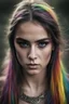 Placeholder: Photoreal gorgeous shot of beautiful girl with multi-colored eyes, warrior, strong, sad, resilient, vivid vertical rainbow on left side only forehead from hairline to eyebrow, long black tears below both eyes, full body, forgotten realms fantasy style by lee jeffries, otherworldly creature, in the style of fantasy movies, shot on Hasselblad h6d-400c, zeiss prime lens, bokeh like f/0.8, tilt-shift lens, 8k, high detail, smooth render, unreal engine 5, cinema 4d, HDR, dust effect, vivid color