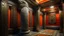 Placeholder: Leviathan in a room designed with door mosaics, huge interior pipes, pillars, plaques, and the colors orange and gray.