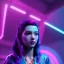 Placeholder: Pretty cyber woman, blue hair, sci-fi, sweet face, black, red, pink, geisha style, symmetric plane, neon style, a lot of led lights, fog, rain, leather coat, vibrant color, highly detailed, art stations, concept art, smooth, unreal engine 5, god rays, ray tracing, RTX, lumen lighting, ultra detail, volumetric lighting, 3d, finely drawn, high definition, high resolution.