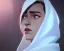 Placeholder: A white hooded robe covers a woman with a gentle look