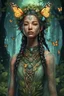 Placeholder: a 27 year old, female forest priest. dressed in, very thin clothes. full upper body visible. beautiful hair with leaves, twigs and flowers braided in. tattoo on the left side of the face. chest made from thousands of living butterflies. fireflies illuminating the scene. a lot of intricate detail and fine lines, digital artwork masterpiece. very delicate stature, slim but not skinny.