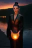 Placeholder: dark black eyes, female elf, dark high ponytail hair, detailed ornamental magical robe, glowing orb on fire implanted on robe, 8k, high detail, lake background, midnight, facing viewer