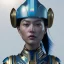 Placeholder: woman, asian race, blue, round helmet, decorative color feathers, retro futuristic, latex coat, soft color, highly detailed, art stations, concept art, smooth, unreal engine 5, god rays, ray tracing, RTX, lumen lighting, ultra detail, volumetric lighting, 3d, finely drawn, high definition, high resolution.