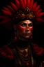 Placeholder: Spanish renassaince woman portrait, wearing black and red pearl masque, shell colour headdress, and extremly textured hyperrealistic renmaisance clothing maximálist epic textured concept art