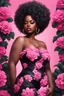 Placeholder: Create an urban art style image of a curvy black female wearing a pink off the shoulder blouse and she is looking down with Prominent makeup. Highly detailed tightly curly black afro. Background of large pink and black flowers surrounding her