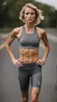 Placeholder: photography of a beautiful anorexic woman, grey satin triathlon top, sports illustrated, blond short wavy bob haircut, pronounced sternum, anthracite running leggins