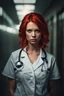 Placeholder: Portrait of a pretty young nurse with red hair, angry expression, photorealistic