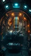 Placeholder: Si-Fi, The engine inside the big ship, atmospheric lighting effects, intricate industrial details, moody atmosphere, eerie grimdark ambiance, complex motherboard accents, speculative fiction art. Bokeh ,