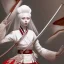 Placeholder: UHD, hd, 8k, hyperrealism, Very detailed, zoomed out view, full character in view, white hair female demon character wearing a hanbok with a white top and long red bottom, she holds a katana in her right hand, she stands in front of a Japanese style palace digital art, anime, full details