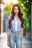 Placeholder: the genre is modern, a beautiful woman model and actress, long hair, bright eyes perfect facial features,wearing pants and pretty shirt, a very beautiful favorite, a full body, he stands tall, background bokeh