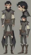 Placeholder: turnaround character of a young man elf, he has curly, black hair and sharp cheekbones. His eyes are black. pale skin. He wears fantasy medieval clothes. full body with boots