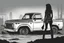 Placeholder: girl, standing, silhouette, comic book,post-apocalypse, gray background, pickup truck,