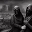 Placeholder: women, faces covered in black masks, ragged clothes, holding flag, war-torn, destroyed city in the background, 8k resolution, hyperrealistic, detailed matte painting, b&w, dynamic lighting, war, anarchy, terrorists