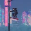 Placeholder: photo of a ninja riding a skateboard; in an alternate universe in tokyo; cyberpunk; realistic; rain; neon signs