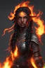 Placeholder: Paladin druid female made from fire . Hair is long and bright black some braids and it is on fire. Make fire with hands . Has a big scar over whole face. Skin color is dark. Eyes are like fire