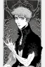 Placeholder: Black haired blue eyed freckled young male warlock in the style of aubrey beardsley