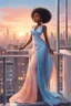 Placeholder: The scene opens onto a serene balcony overlooking a bustling city skyline. The sky above is painted in soft hues of blue and peach as the sun begins its descent, casting a warm glow over everything it touches. In the foreground stands a captivating figure, airbrush chibi cartoon curvy black woman exuding confidence and elegance. She is adorned in a flowing white knit maxi dress that hugs her curves in all the right places, accentuating her silhouette. Her choice of footwear is equally stunning