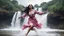 Placeholder: Hyper Realistic Photographic Very Close Shot Of A Beautiful Pashto Woman With Long Black Wet Hair Wearing A White And Pink Tie-And-Dye Dress, Happily Jumping On A River Water And Enjoying Rain With A Beautiful Waterfall And Cloudy Weather At Heavy Rainfall Showing Dramatic And Cinematic Ambiance.