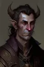 Placeholder: an older tiefling man, he has dark brown hair and looks a little dishelved, he wears a lot of jewelry and worn leather, he looks kind