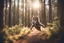 Placeholder: dinamycally jumping antropomorph cat owl in a pine forest in sunshine, ethereal, cinematic postprocessing