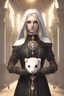 Placeholder: (anthropomorphic white ferret),dressed in ((cleric fantasy)) black clothes with silver holy ornaments, realistic anatomy, posing, cute face, fantasy inspire, fantasy church on background with warm sunshine lighty from behind, gloomy atmosphere, (((high angle shot))), purple armband, The holy icon style, RTX, praying, close eyes