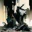 Placeholder: A dark abstract minimalist painting of Lebbeus Woods brutalist concrete twisted bodies. Breaking apart. In a desolate landscape at. In the style of by Ashley Wood and Justin Mortimer. Large oil brushstrokes