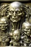 Placeholder: sculpture of a robot , child , young and old man and a lion Multiple faces . decayed and rotting with grotesque proportions and imagery. abstract grotesqueries, detailed texture, surreal horror, biomechanical design, by hr giger and beksinski