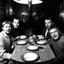 Placeholder: Photo of a family sitting at the dinner table. Hypermaximalist, grime, shadow, fog, unsettling, antique, old, liminal, odd, uncanny, transformational, interesting, rift, cryptic, low-fidelity, unreal, deserted, abstracted, twins, ambiguous, surreal, jaws, elongated, oblong, undulating, mouths, eyes, eerie