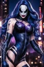 Placeholder: super pretty young woman, good body, very big bub, blue long haired, black "venom" costume, white spider chest costume, black cosplay, purple details, complete costume, mask, female stylized, woman lines, "Venom from Marvel" design inspiration, darknight sky background, intrincate details, high a.i. perseption, nano tecnology, lights, high quality picture, renderizing, front view angle.