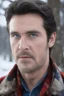 Placeholder: Blue eyes, close-up facial portrait - a Bright, well-lit UHD, 1080p 32k, photograph - winter time, hunting season, part Jesus Christ, part Elvis Presley with a mustache and short crew-cut hair, part Lee Majors, Part red and black checkered wool coat, blue jeans, cowboy boots, plaid shirt, sunbursts, crosses, 3D lighting, diamonds, hearts, Butterflies, Clovers, Roses, extremely colorful,