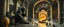 Placeholder: master oil painting by Escher , glaring vases and black humanoid reflective expressive long clunky obese elder troll spear bear and hidden magic aura golden eel djinni with beard inside marble hall library, cryptic eggs, sacred geometry, fire fog and steam border, fire elemental creature, twisted dimensional portal for ice elemetals only