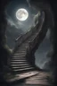 Placeholder: Picture of a beautiful old stage,The staircase stands unwavering, a symbol of strength and endurance. It provides a path towards solace and safety, guiding the child towards the distant moon. As they climb higher, their eyes fixated on that ethereal destination, they embody the undying spirit of resilience and the unwavering pursuit of a better future. A dark and scary forrest a ballerina girl on the stair