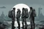 Placeholder: four persons, standing, silhouette, comic book,post-apocalypse, gray background, backpack,