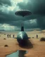 Placeholder: A nuclear submarine left in the desert with sands and a little water and stormy clouds ,moved by a ufo spaceship and aliens are surrounding the submarine examining the submarine is tied by iron rob lefter it up by the ufo spaceship in the water