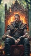 Placeholder: book cover illustration, close up portrait of a happy blessed ancient magical king mad max soldier posing for photo shoot on a throne, holding a burning sceptre, in a space alien mega structure with stairs and bridges woven into a sacred geometry knitted tapestry in the middle of lush magic forest, bokeh like f/0.8, tilt-shift lens 8k, high detail, smooth render, down-light, unreal engine, prize winning