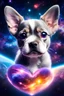 Placeholder: large eyed happy puppy grey frenchton in the distance a colorful intricate HEART shaped planet similar to earth in a brig ażht nebula, sparkles, cinematic lighting, vast distances, swirl, fairies, magical darkness, sharp, depth, jellyfish, cinematic eye view