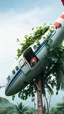 Placeholder: In airplane crashed on a top of tree in the jungle the door of the plane is gone and green leaves surrounding the top of the plane and a man is dead inside the plane you can see him from the broken plane door a far camera front view to show the whole plane on the tree