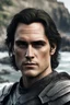 Placeholder: A portrait of Joaquin Phoenix in his early 30s, long beachy haircut, black hair, on a rocky island, in ebony armor from Skyrim, melancholic and dangerous facial expression, half-smiling