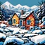 Placeholder: Winter painting with stone house, showing, mountens pop art style