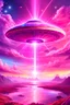 Placeholder: vaisseau interdimensionnel de couleur rose, grands rayonnements, dans un cosmos rose et jeu très étoilé d'or, 8K, beautiful ufo rainbow