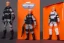 Placeholder: Mike Pence G.I. Joe action figure Doll Space force uniform inside a blister packaging hanging on a Wallrack in toystore, fluorescent orange, toy guns, wide angle shot whole body, black boots, fullsize