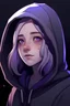 Placeholder: A girl with light gray hair with a small part of it being pale purple Her eyes are purple. The full moon shines behind her. She is wearing a black hoodie.