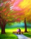 Placeholder: park mystical dream, park bench, man, woman, child, dog, trees, path, bird, sunshine, mystical, fantasy, romanticism, pastel colors, daylight, daytime, acrylic painting, detailed, soft focus,